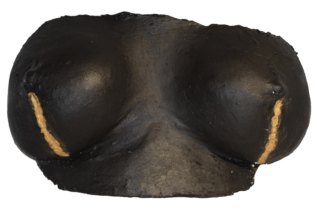 A bodycast painted black with gold lines from the nipple on each breast to the base.